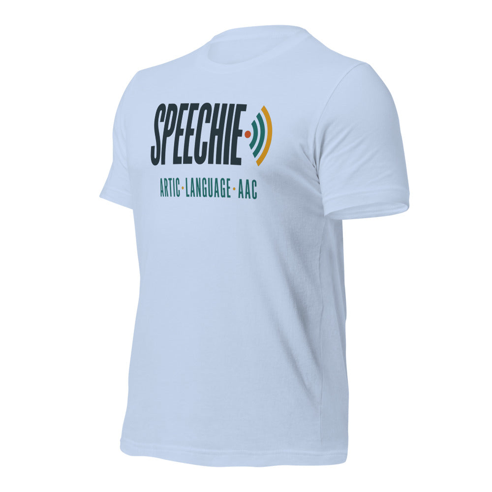Speechie Wordmark speech therapy tee — Baby Blue, front-right