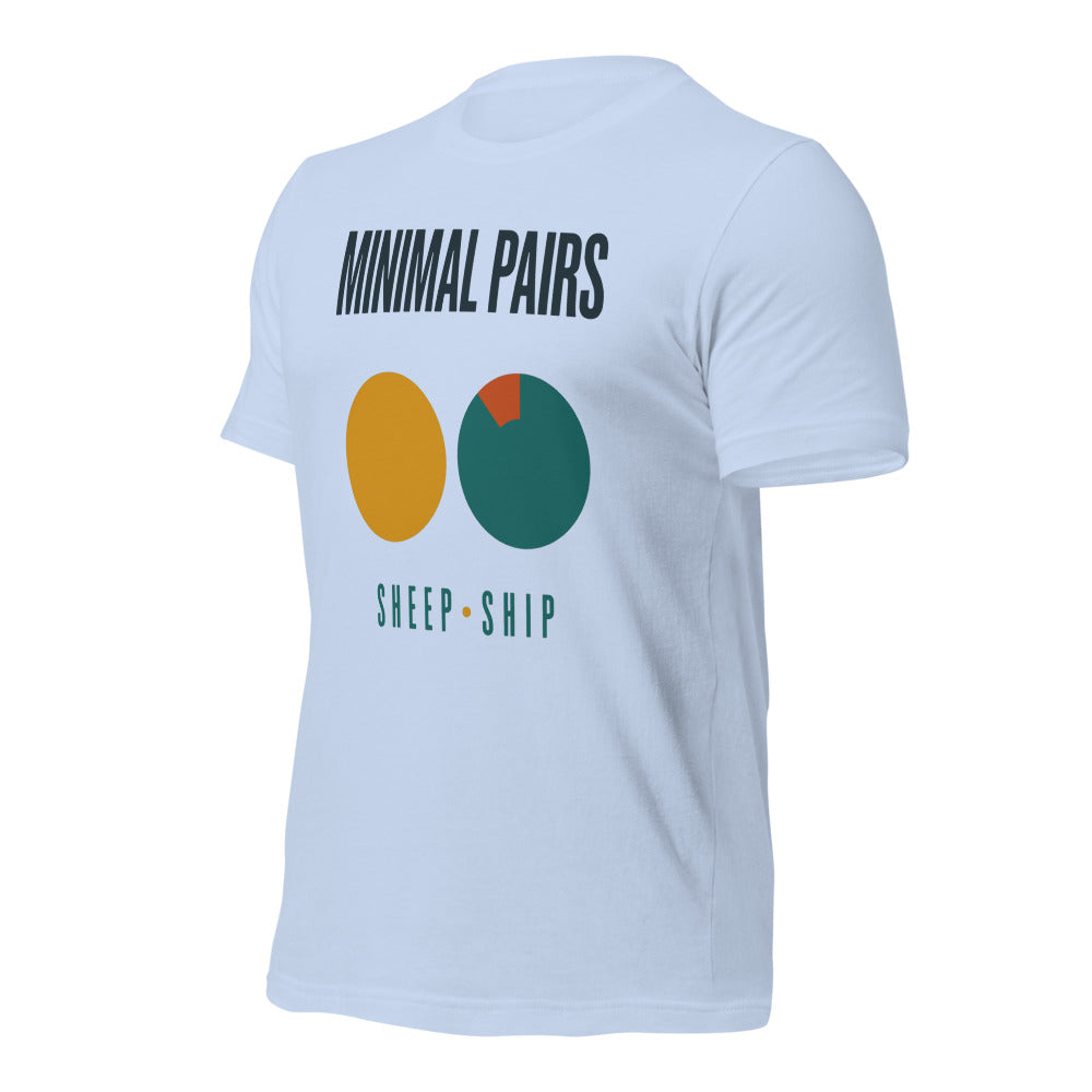 Minimal Pairs speech therapy tee — Baby Blue, front-right