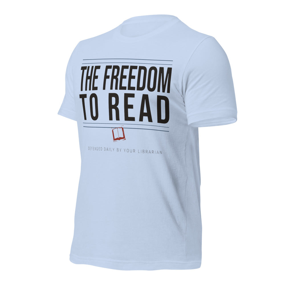 The Freedom to Read school librarian tee — Baby Blue, front-right