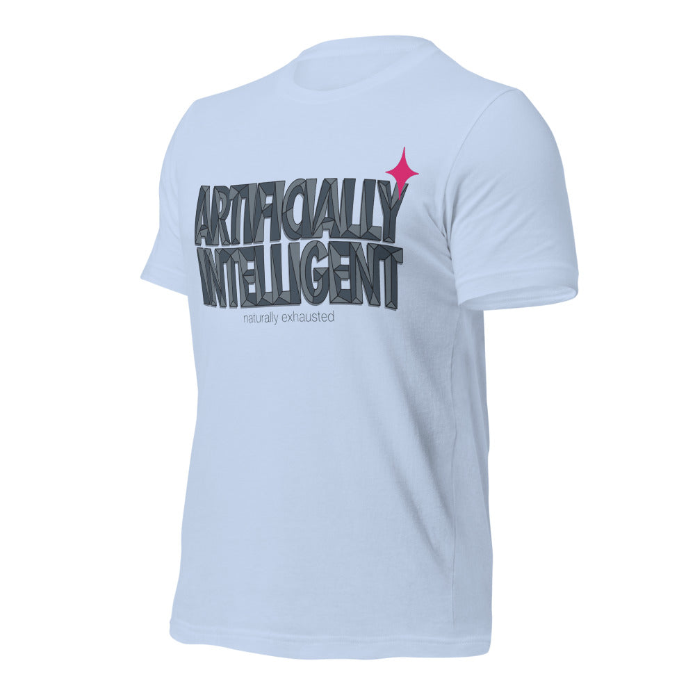 Artificially Intelligent funny AI t-shirt — Baby Blue, front-right