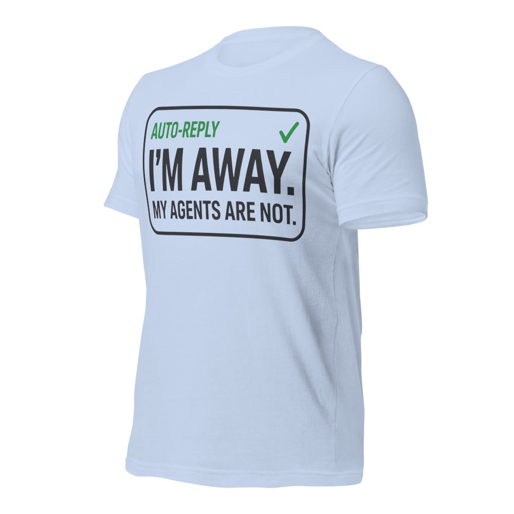 Auto-Reply agentic AI engineer tee — Baby Blue, front-right