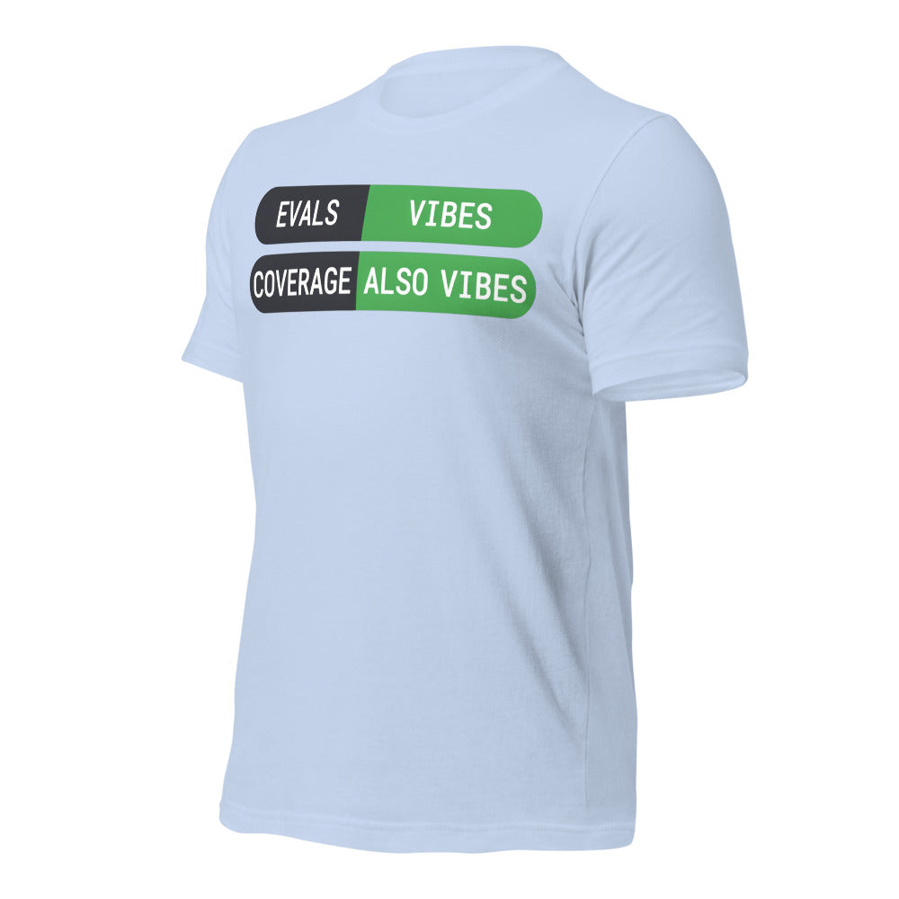 Eval Suite Vibes agentic AI engineer tee — Baby Blue, front-right