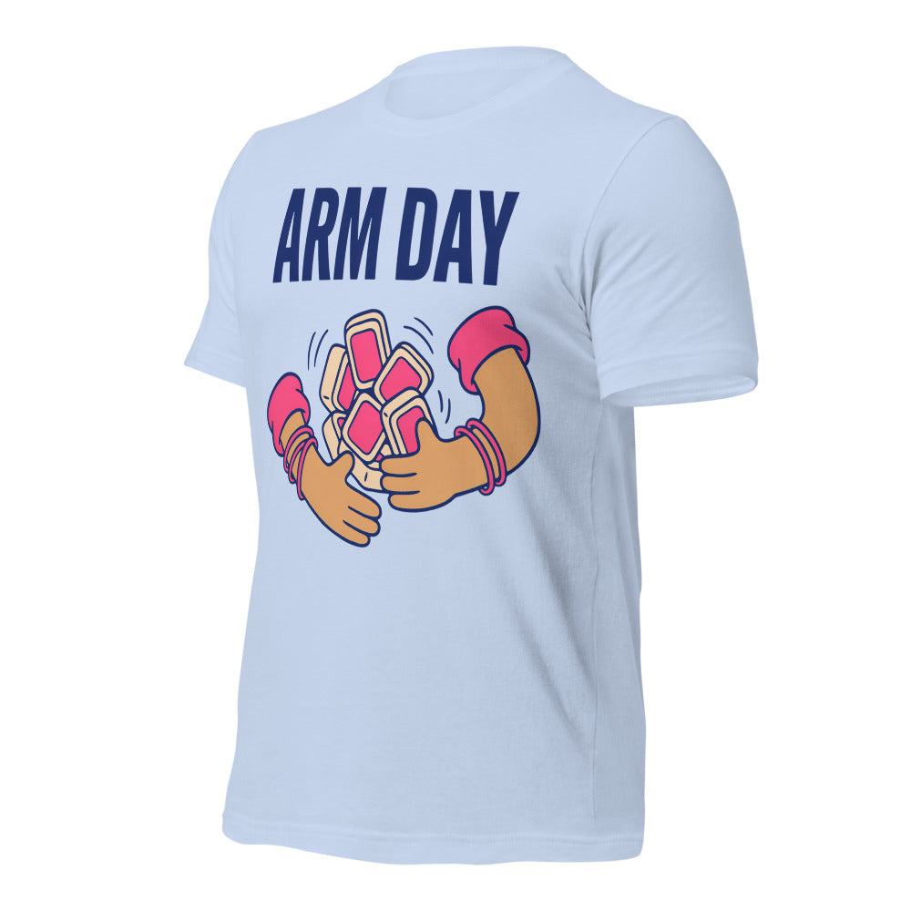 Arm Day funny mahjong tee — Baby Blue, front-right