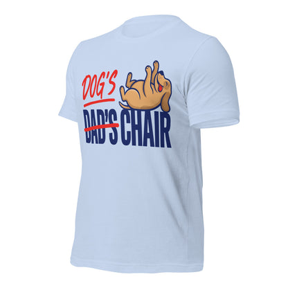 Dog's Chair funny dog dad tee — Baby Blue, front-right
