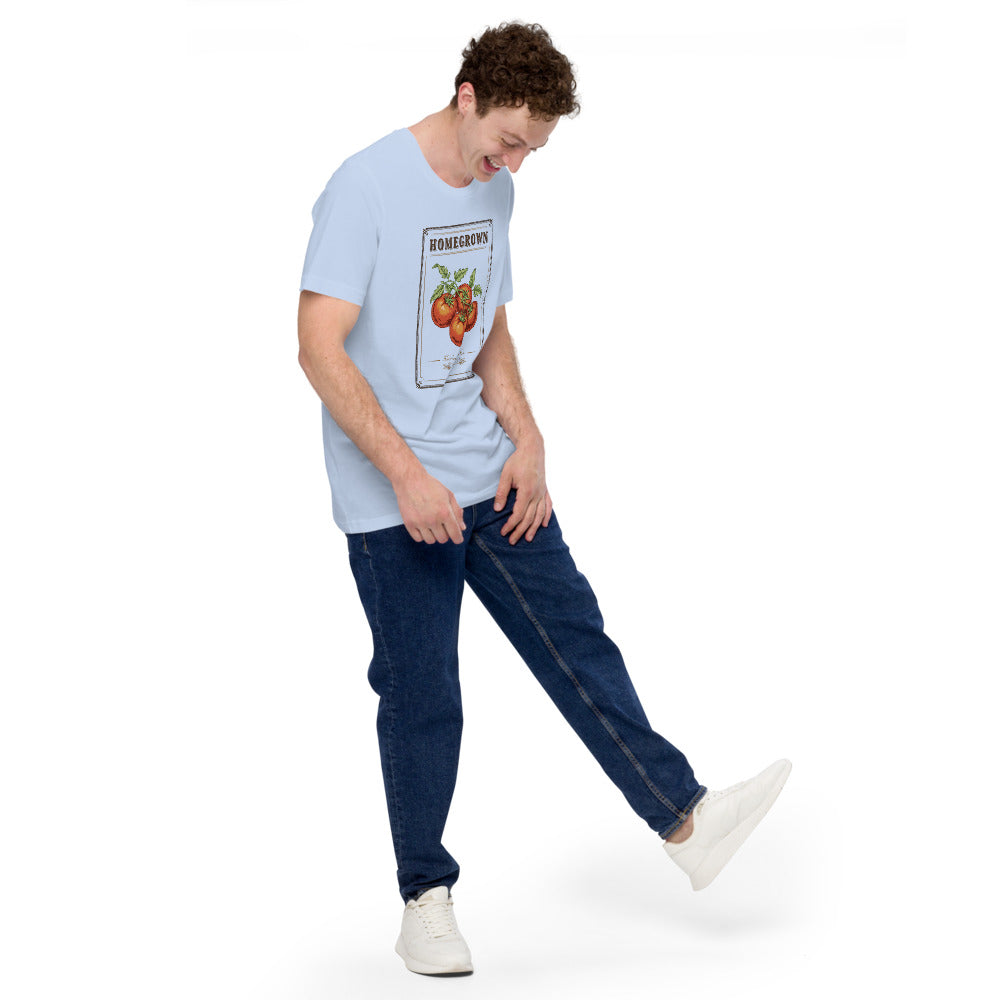 Homegrown Heirloom Seed Packet gardening tee — Baby Blue, on model