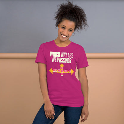 Which Way Are We Passing funny mahjong tee — Berry, on model