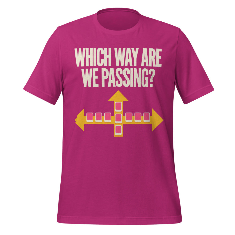 Which Way Are We Passing funny mahjong tee — Berry, front