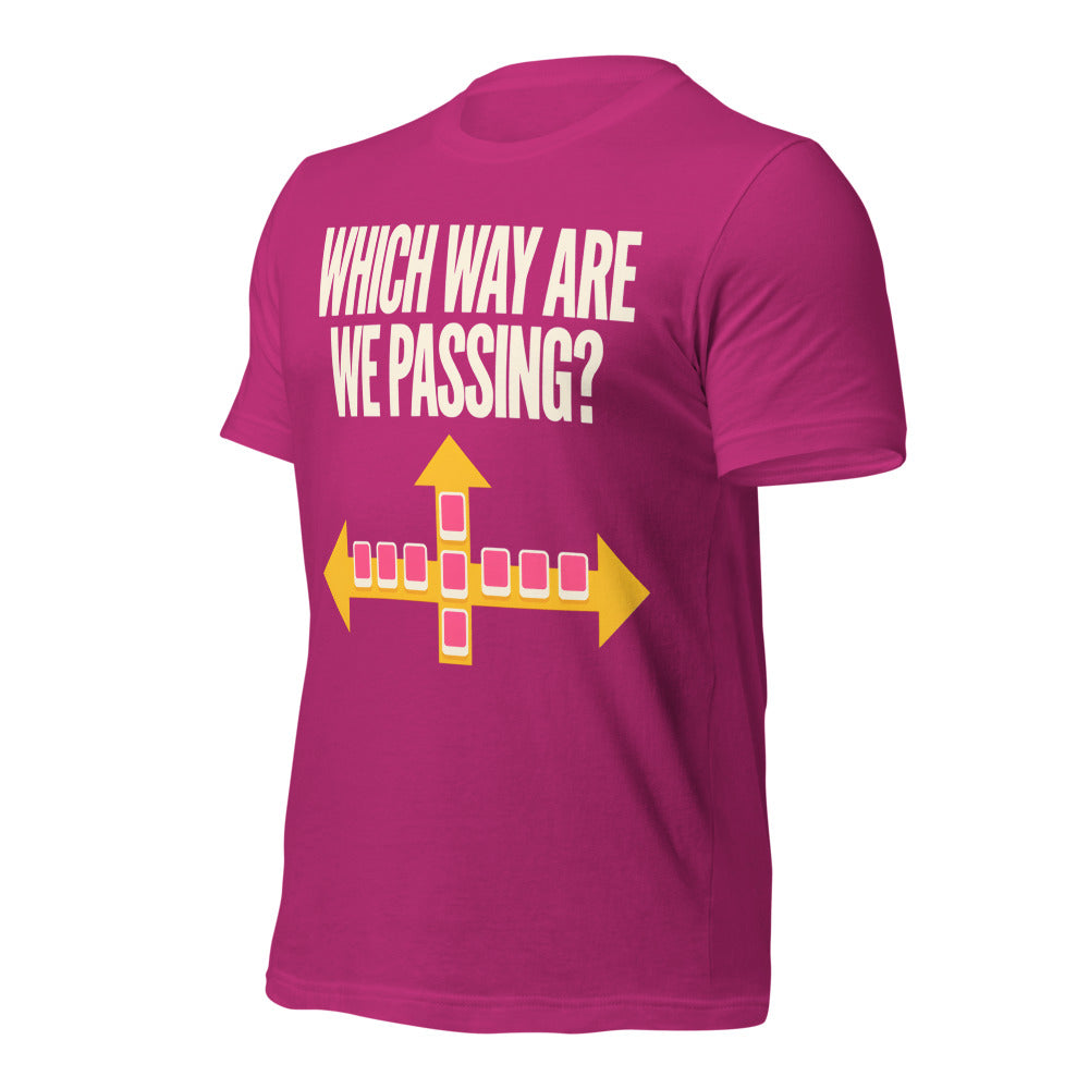 Which Way Are We Passing funny mahjong tee — Berry, front-right