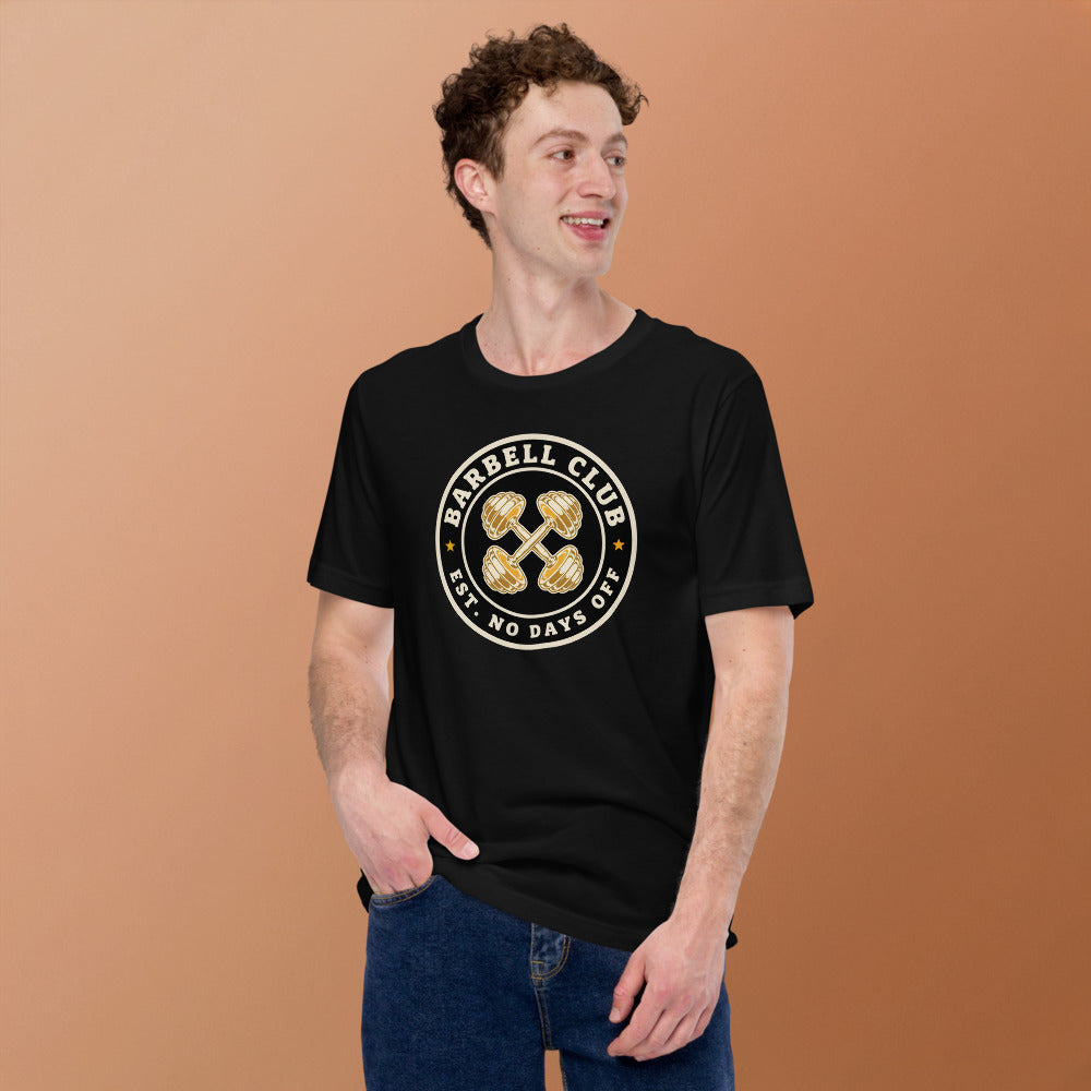 Barbell Club No Days Off vintage gym tee — Black, on model