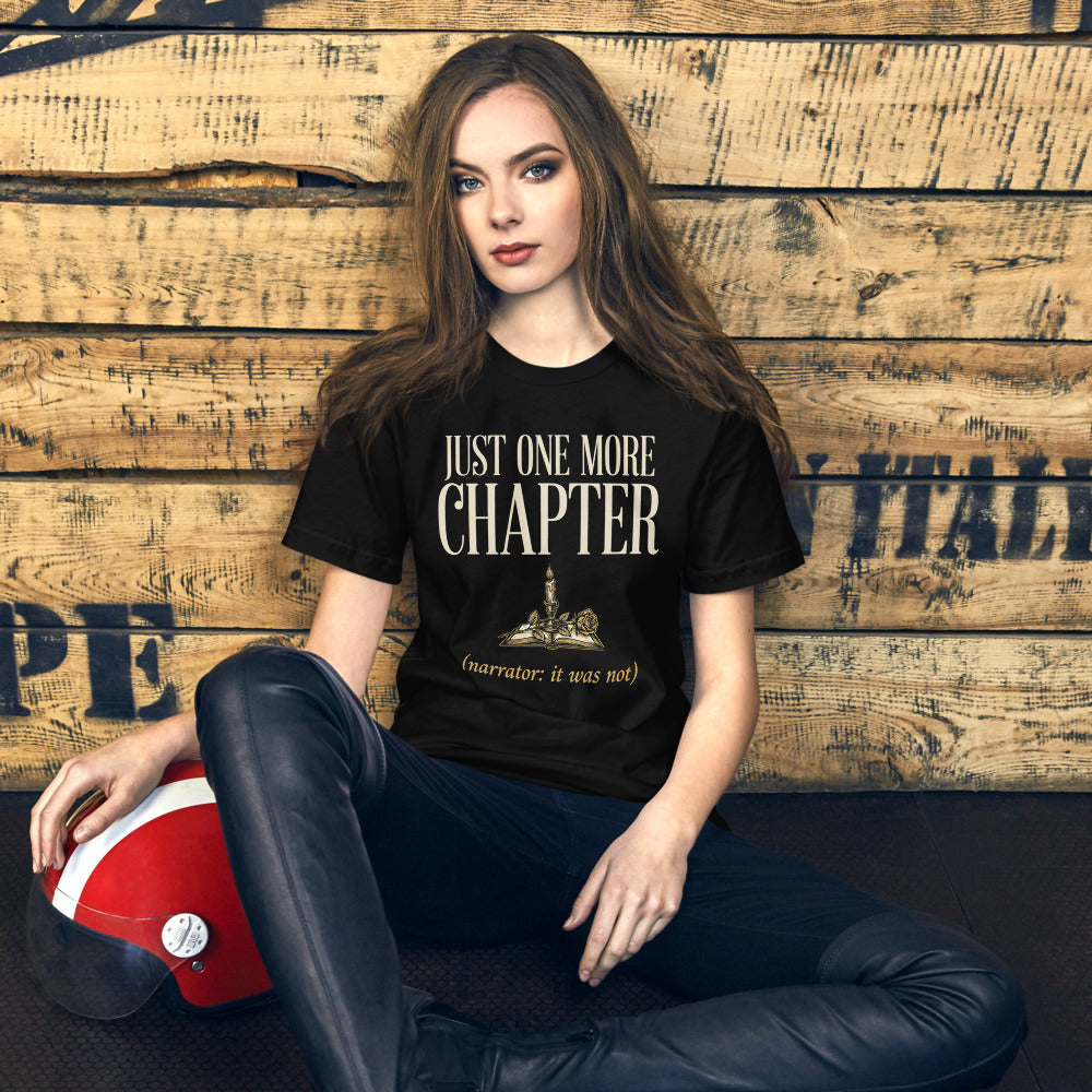 Just One More Chapter book lover dark academia tee — Black, on model