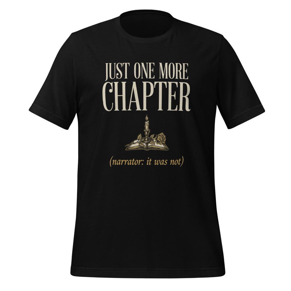 Just One More Chapter book lover dark academia tee — Black, front
