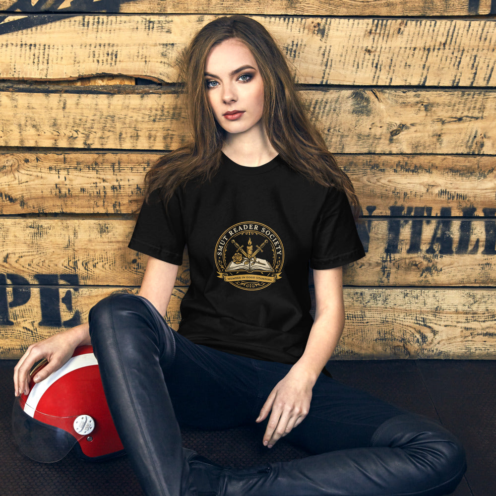 Smut Reader Society book lover dark academia tee — Black, on model