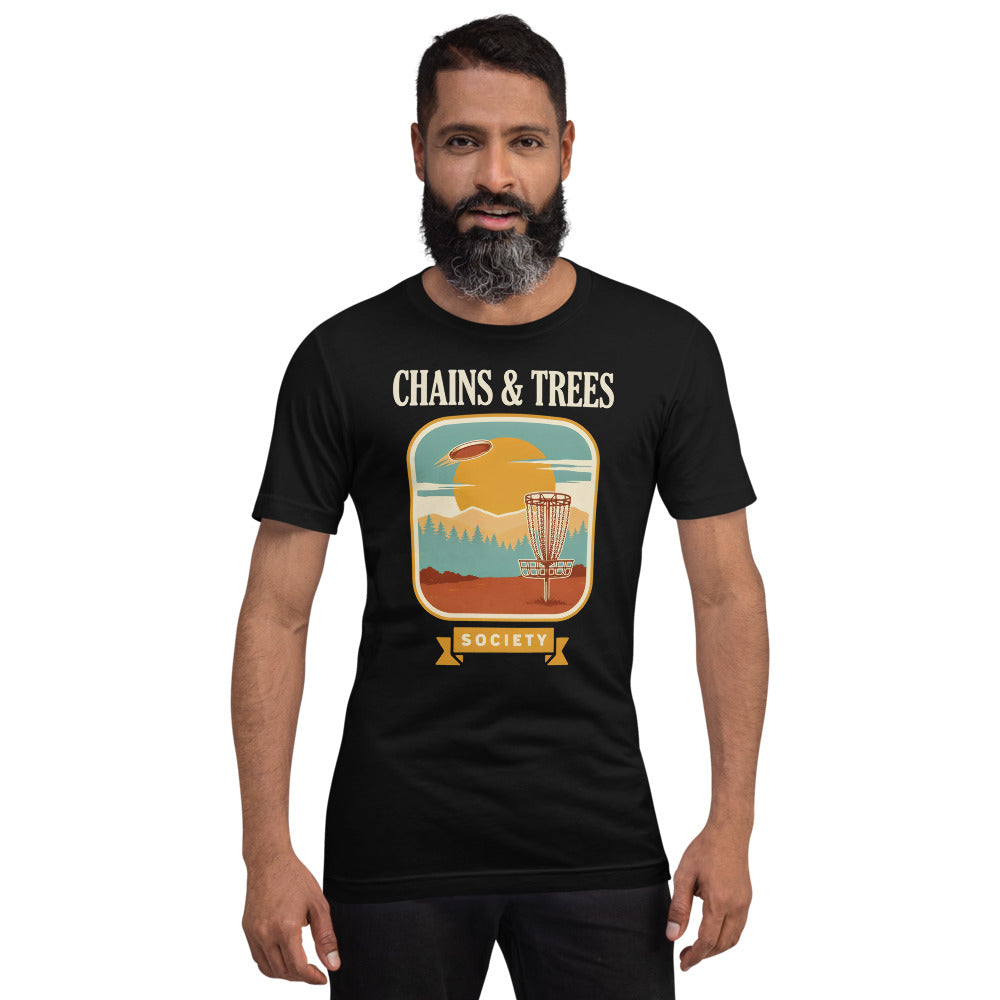 Chains & Trees Society disc golf retro landscape tee — Black, model