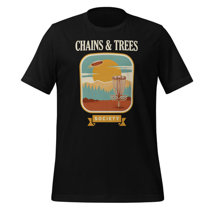Chains & Trees Society disc golf retro landscape tee — Black, front