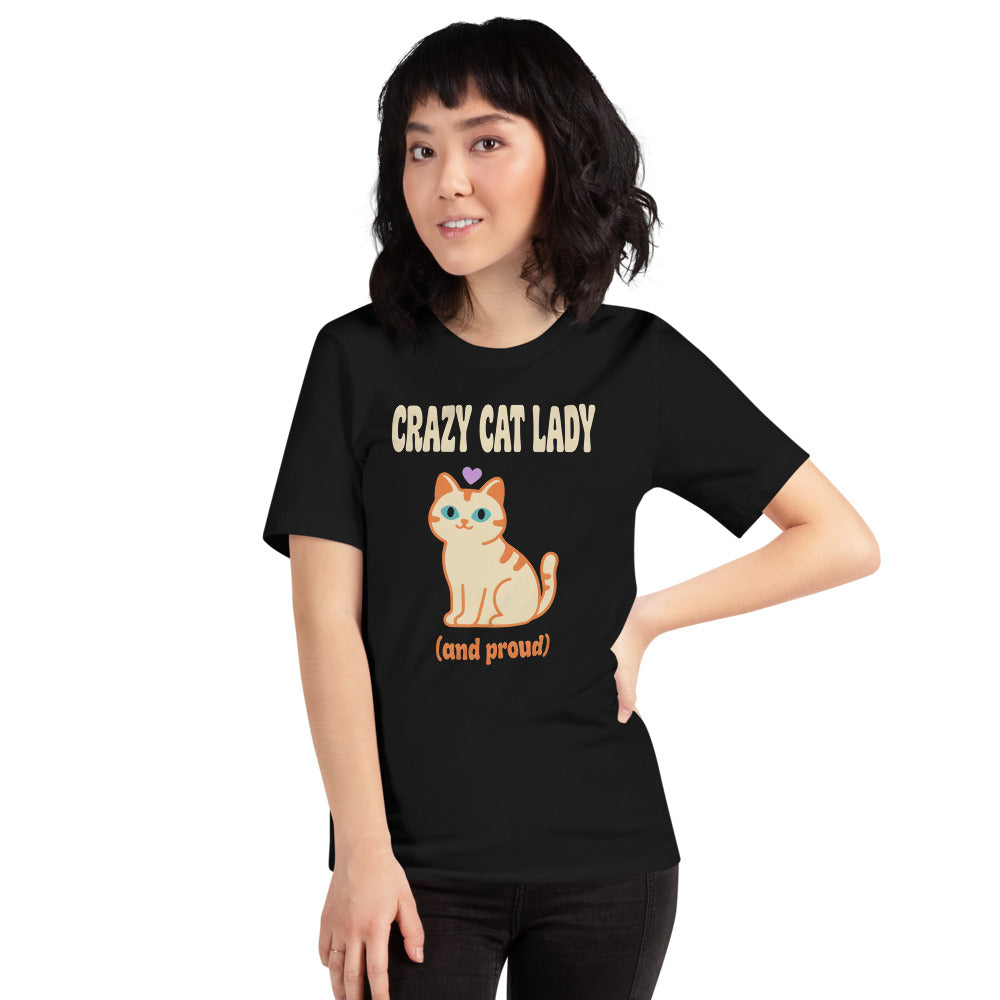 Crazy Cat Lady and Proud retro Y2K tee — Black, on model