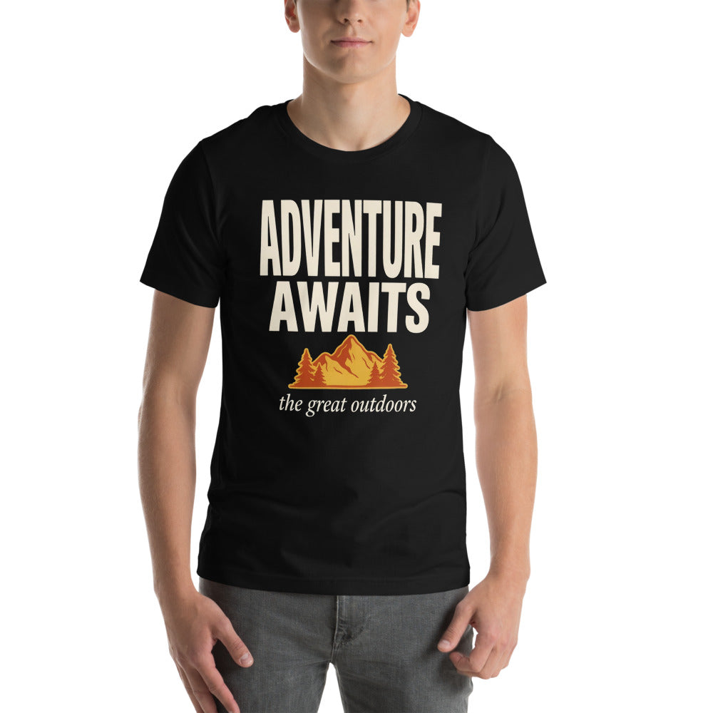 Adventure Awaits retro outdoors typography tee — Black, on model