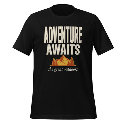Adventure Awaits retro outdoors typography tee — Black, front