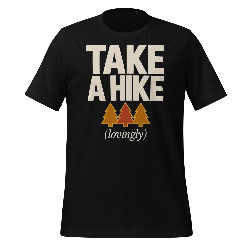 Take a Hike retro outdoors humor typography tee — Black, front