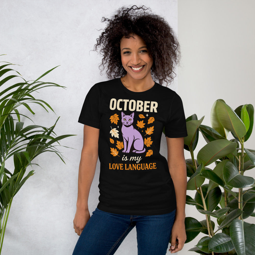 October Is My Love Language retro Halloween black cat tee — Black, on model