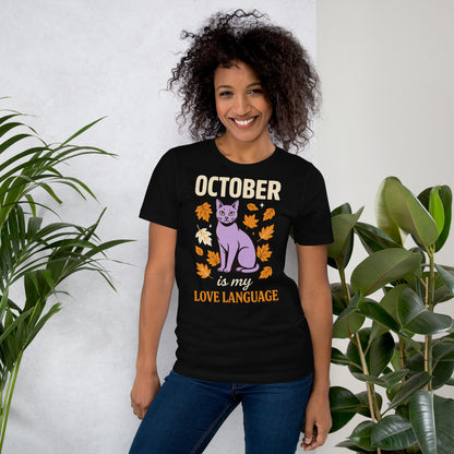 October Is My Love Language retro Halloween black cat tee — Black, on model