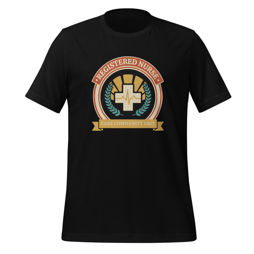Registered Nurse vintage healthcare emblem badge tee — Black, front