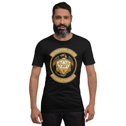 Roll For Initiative d20 dragon tabletop RPG tee — Black, on model