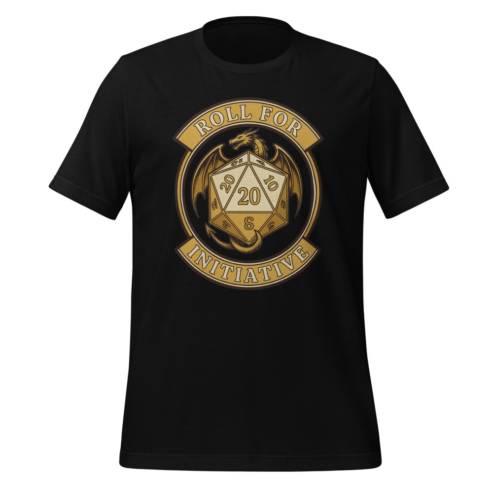 Roll For Initiative d20 dragon tabletop RPG tee — Black, front