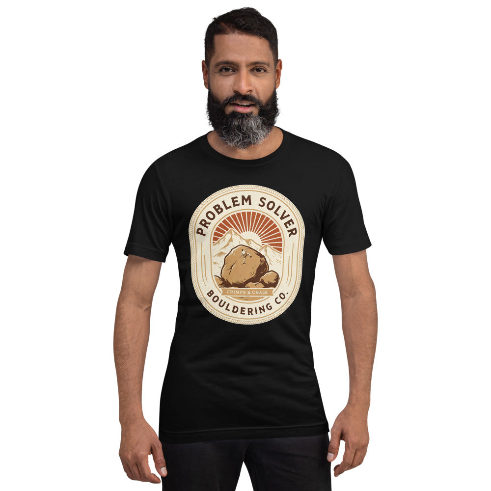 Problem Solver Bouldering Badge t-shirt — Black, on model