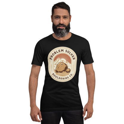 Problem Solver Bouldering Badge t-shirt — Black, on model