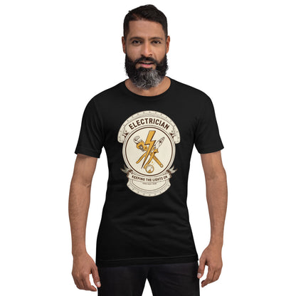 Electrician Journeyman trade crest tee — Black, on model