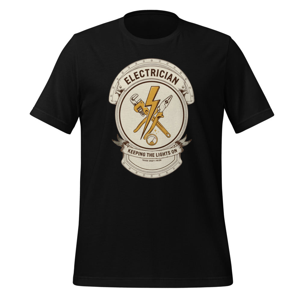 Electrician Journeyman trade crest tee — Black, front