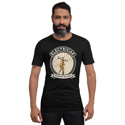 Powering The World electrician emblem tee — Black, on model