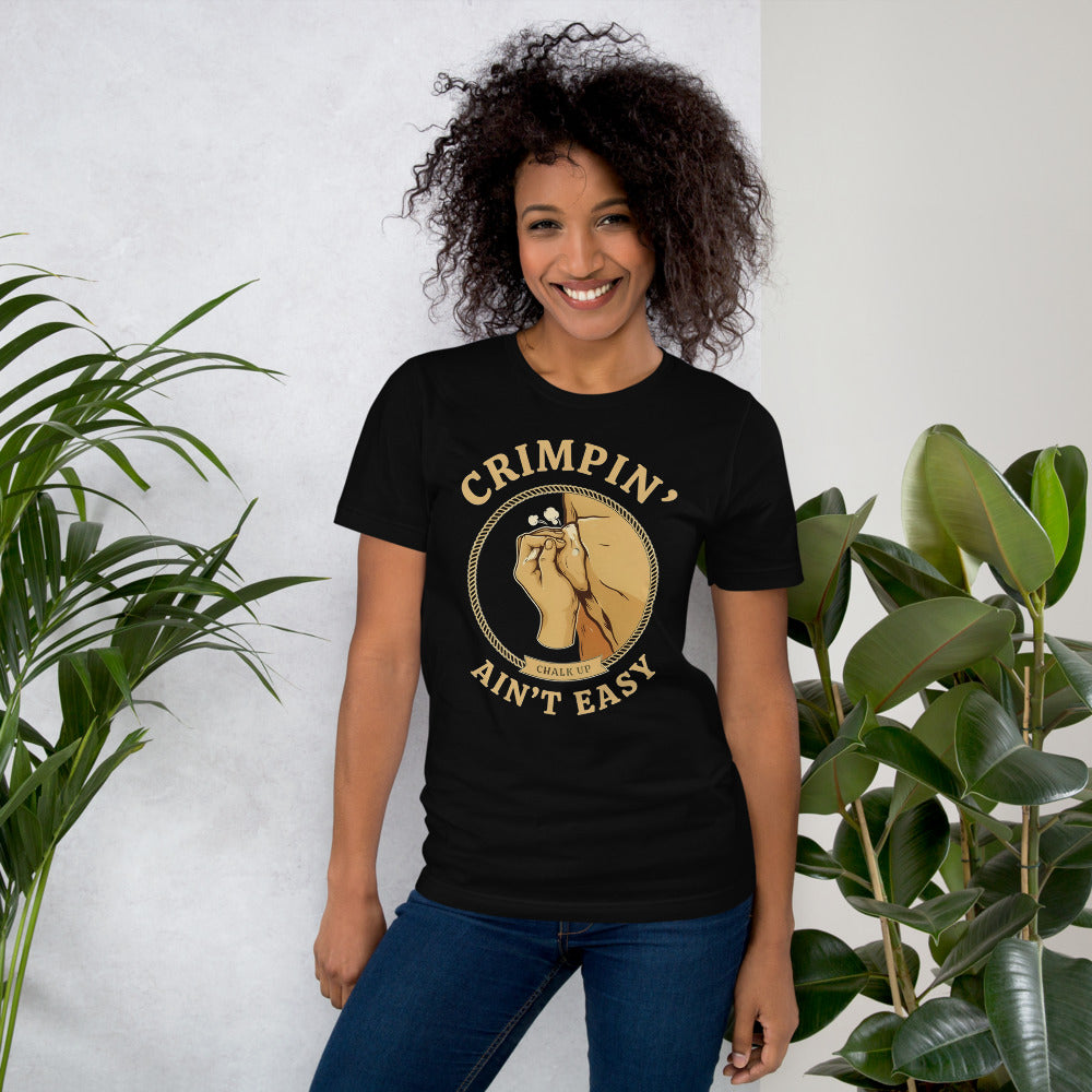 Crimpin' Ain't Easy bouldering badge t-shirt — Black, on model