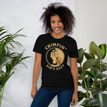Crimpin' Ain't Easy bouldering badge t-shirt — Black, on model