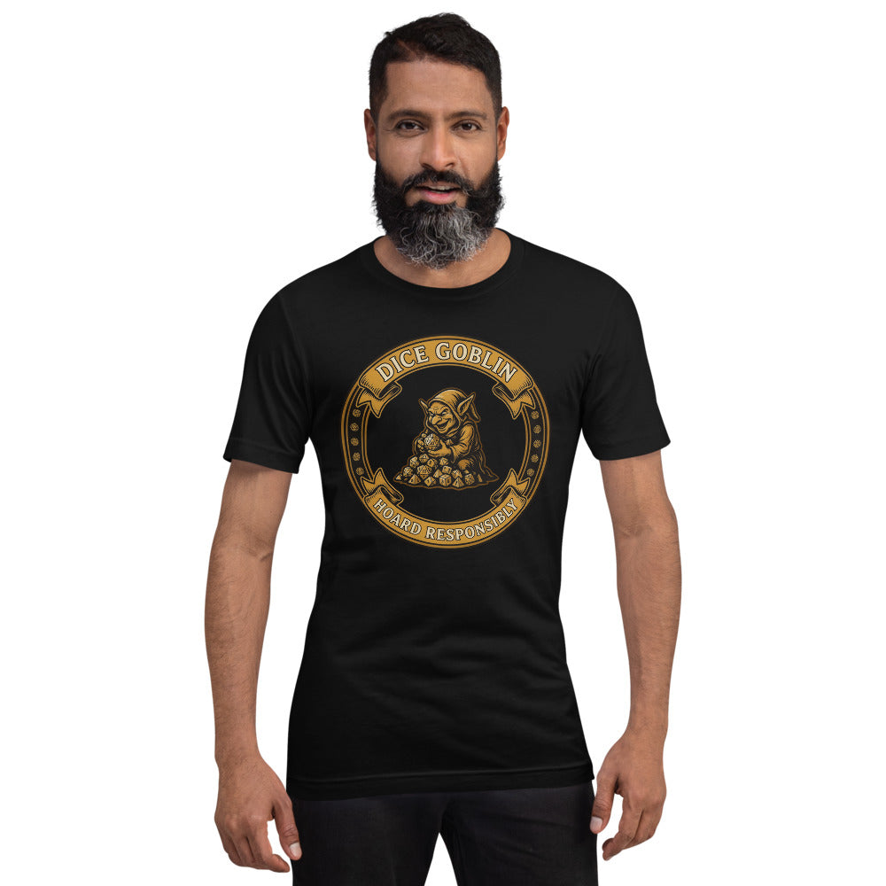 Dice Goblin Hoard Responsibly tabletop RPG tee — Black, on model
