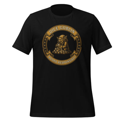 Dice Goblin Hoard Responsibly tabletop RPG tee — Black, front