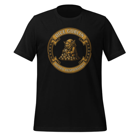 Dice Goblin Hoard Responsibly tabletop RPG tee — Black, front
