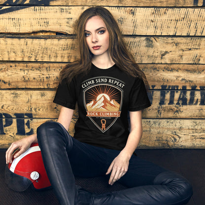 Climb Send Repeat mountaineering crest t-shirt — Black, on model