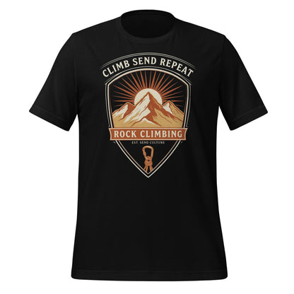 Climb Send Repeat mountaineering crest t-shirt — Black, front