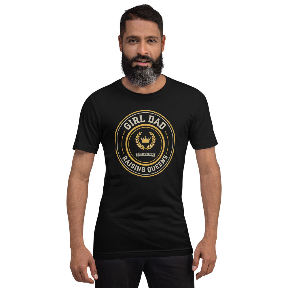 Girl Dad Raising Queens crest tee — Black, on model