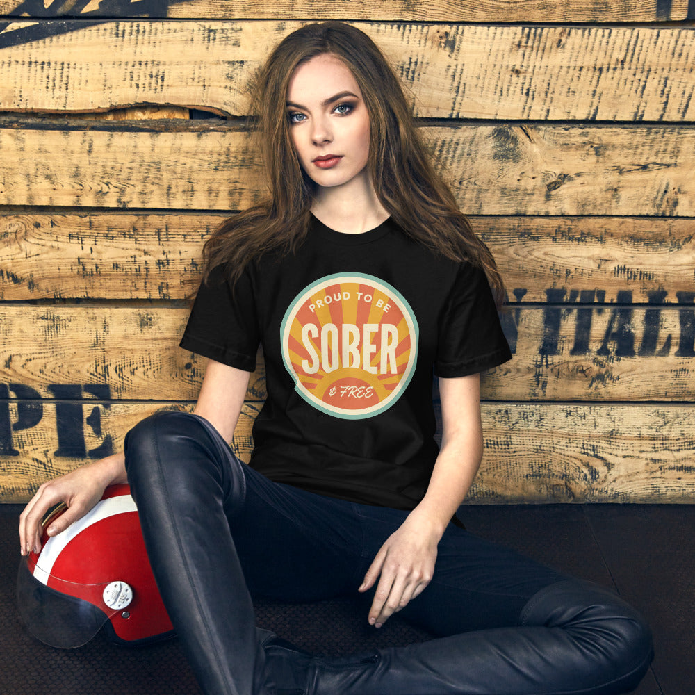 Sober & Proud retro sunburst tee — Black, on model