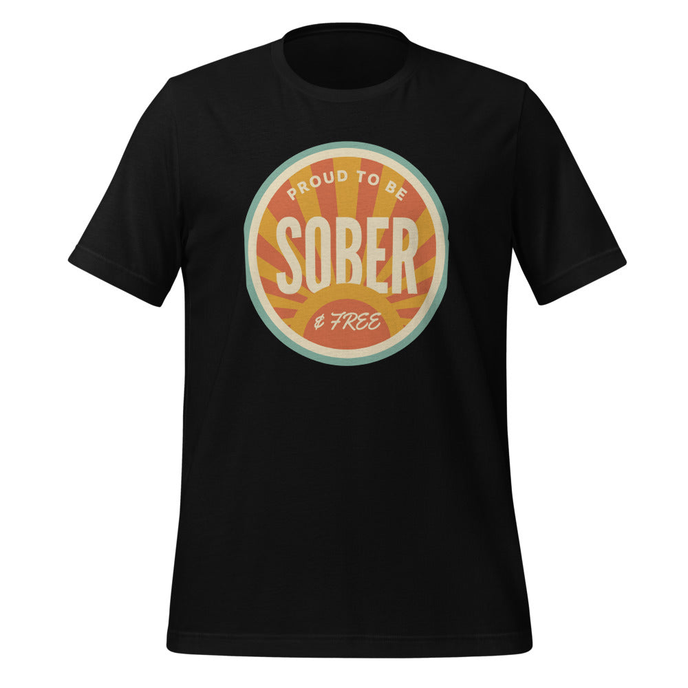 Sober & Proud retro sunburst tee — Black, front