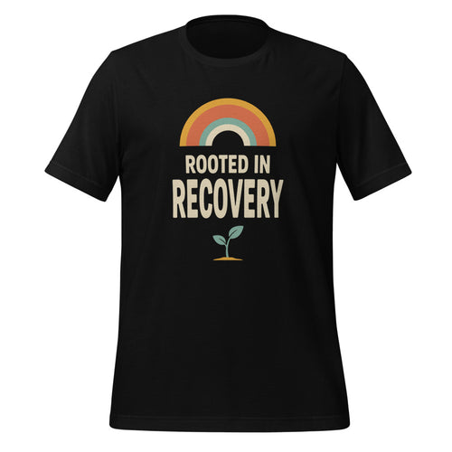 Sober Shirt, Rooted in Recovery Tee, Recovery Milestone Gift — Retro Rainbow Sobriety Tee
