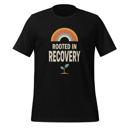 Rooted in Recovery retro rainbow tee — Black, front