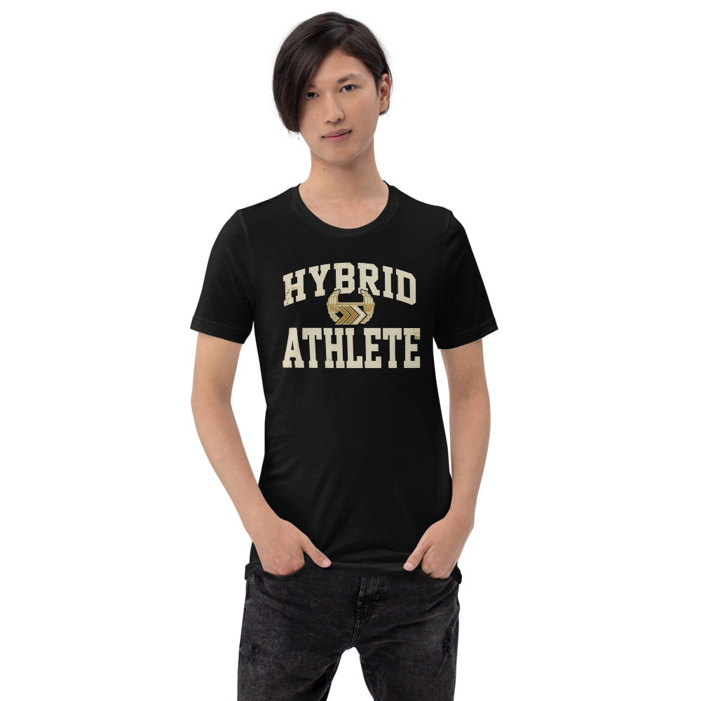 Hybrid Athlete vintage varsity tee — Black, on model