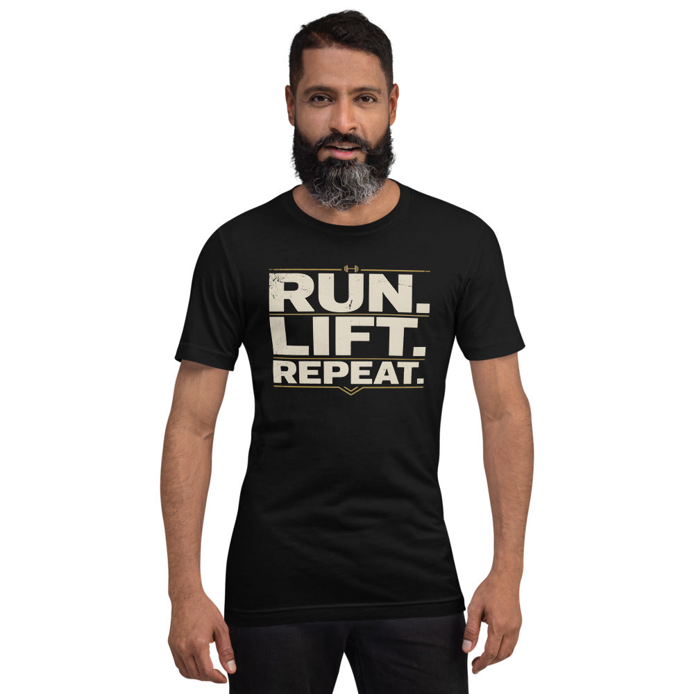 Run Lift Repeat vintage athletic tee — Black, on model