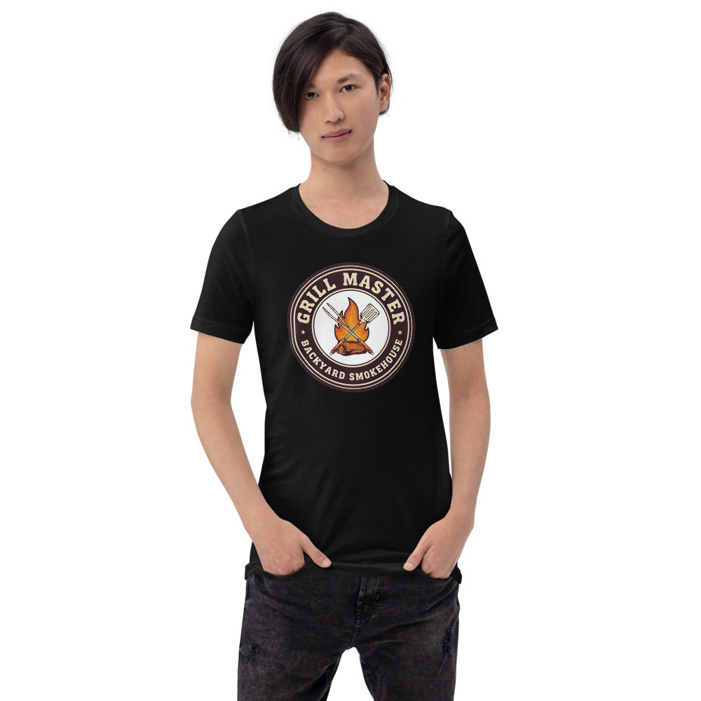 Grill Master retro backyard smokehouse tee — Black, on model