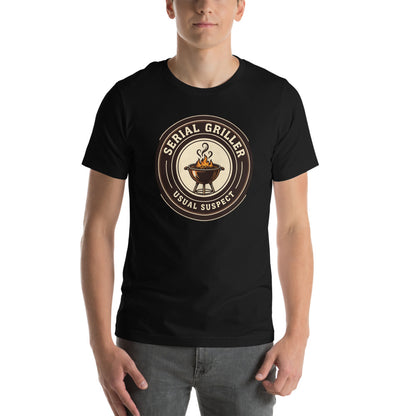 Serial Griller funny BBQ tee — Black, on model