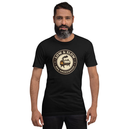 Low & Slow BBQ smoker tee — Black, on model