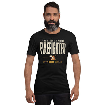 Firefighter collegiate wordmark retro fire-rescue tee — Black, on model